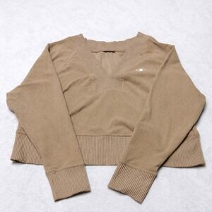 Champion Womens Cropped V Neck Sweatshirt Tan Pullover Top
